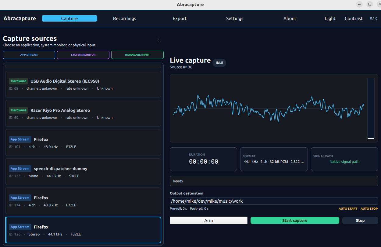 Abracapture source selection and live waveform capture interface
