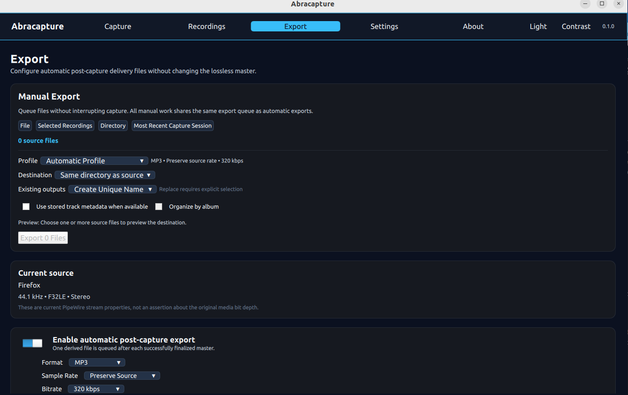 Abracapture export workflow with format and channel-layout controls