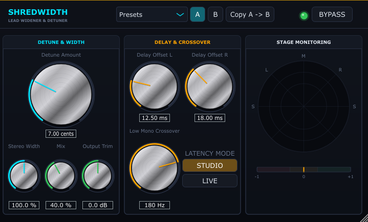 ShredWidth stereo widening and crossover plugin interface